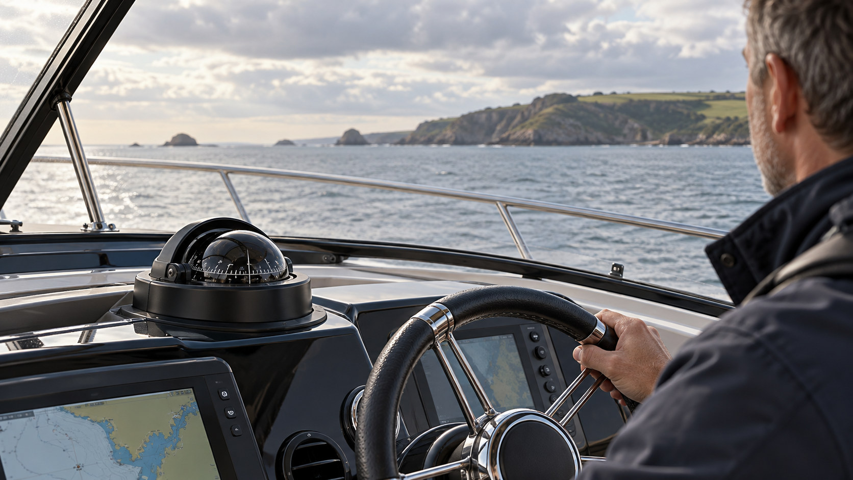 A fixed marine compass at the helm of a motor cruiser